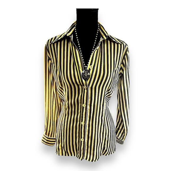 FENDI VTG  Yellow Wh Brown & Black Stripe  Shirt FENDI LOGO fabric & buttons 38 - Picture 14 of 15